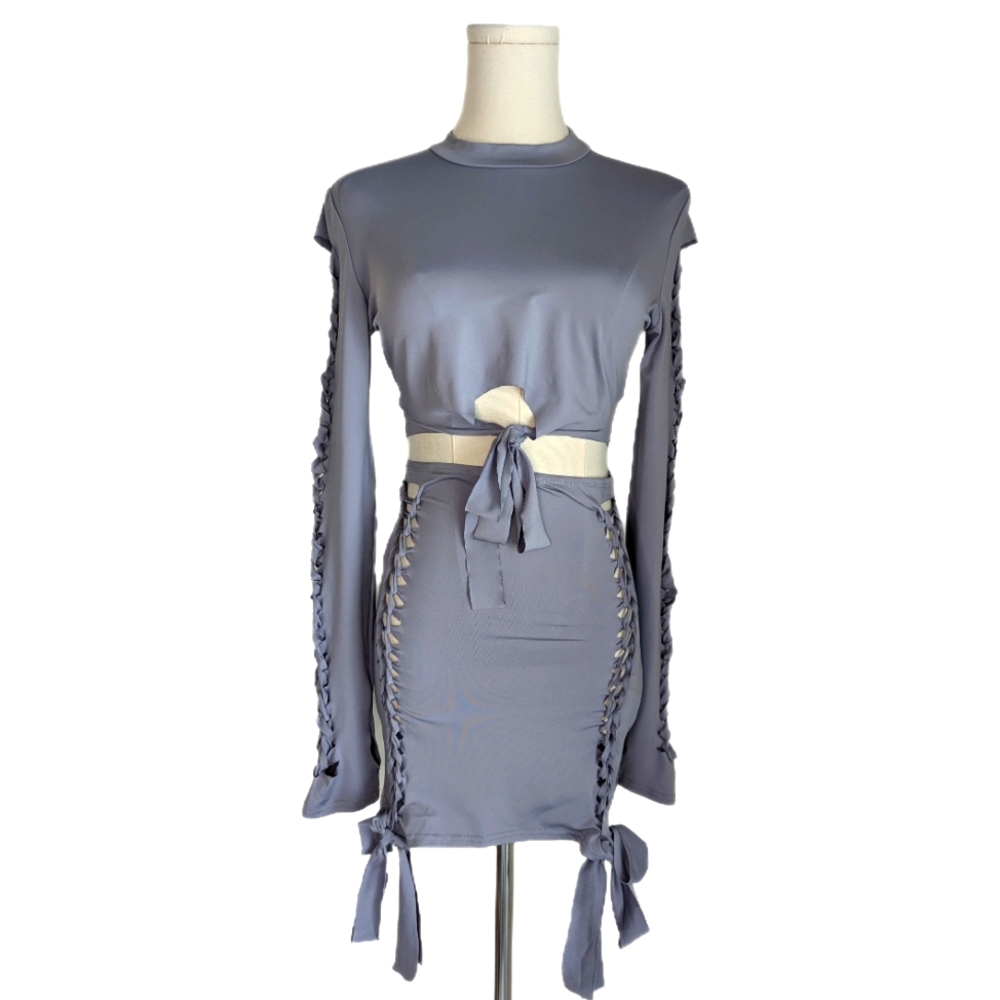 Purple tie crop cutout top and mini skirt set
